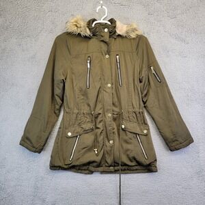 Ymi‎ Parka Jacket Juniors XL Green Full Zip Fur Lined Toggle Waste Fur Trim Hood